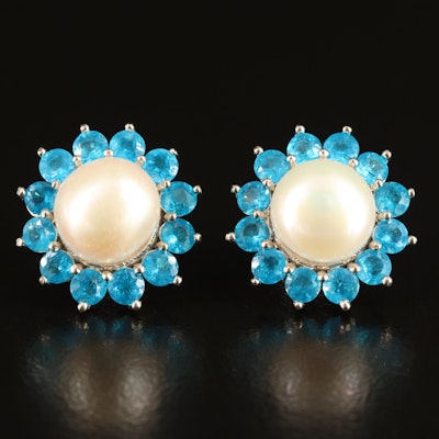Sterling Pearl and Apatite Button Earrings