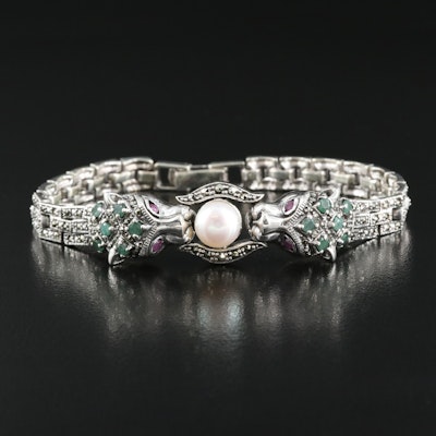 Sterling Leopard Bracelet Including Pearl, Ruby and Emerald