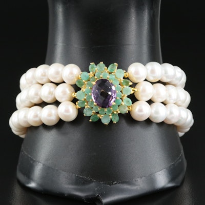 Sterling Amethyst, Emerald and Pearl Bracelet
