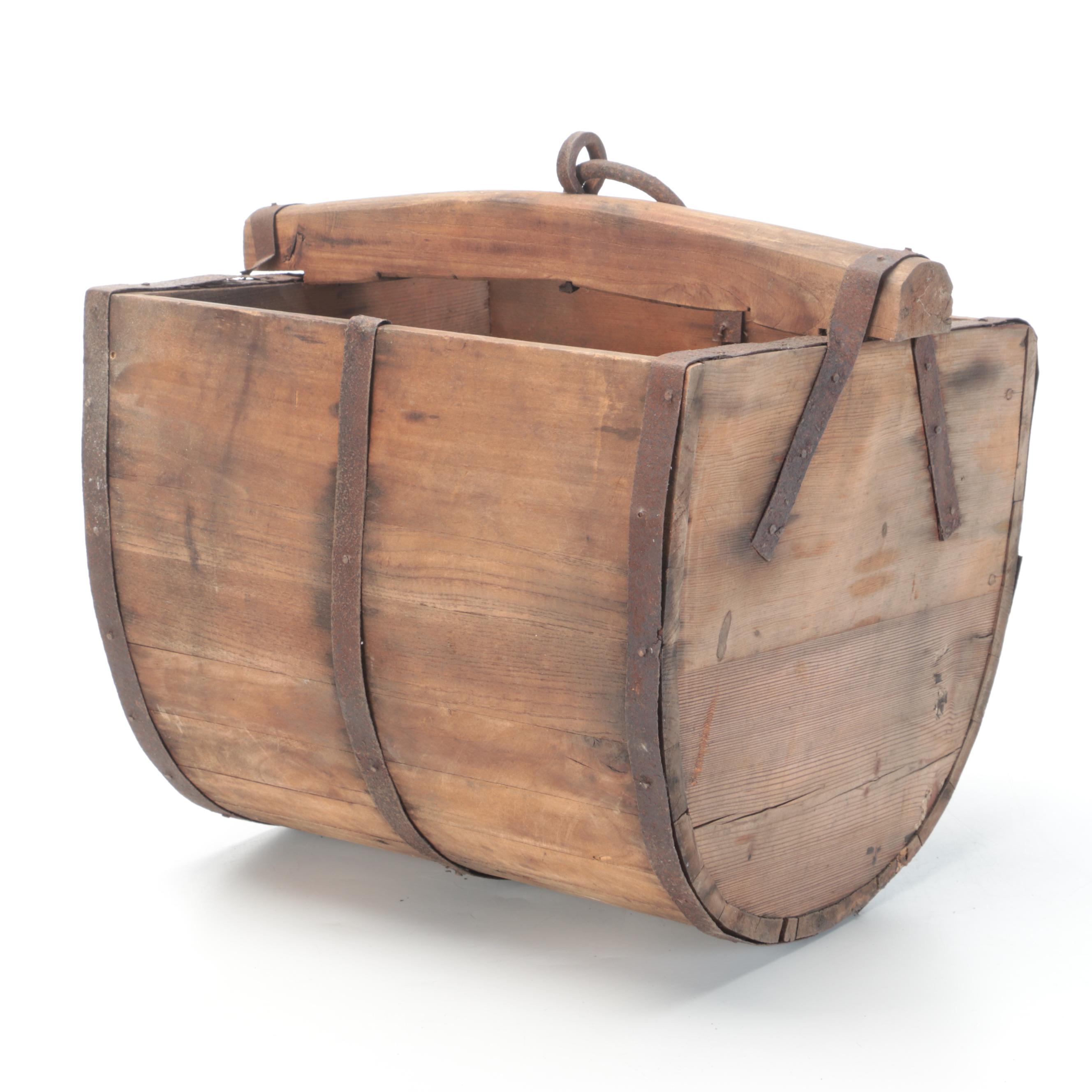 Primitive Iron Bound Wood Water Bucket With Yoke Ring EBTH
