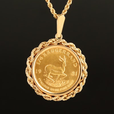 14K Necklace with 1981 South Africa 1/4 Oz. Gold Krugerrand Bullion Coin