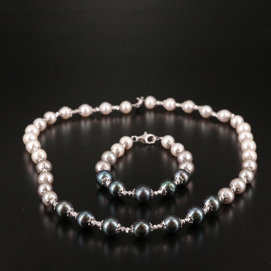 Sterling Cultured Pearl Necklace and Bracelet