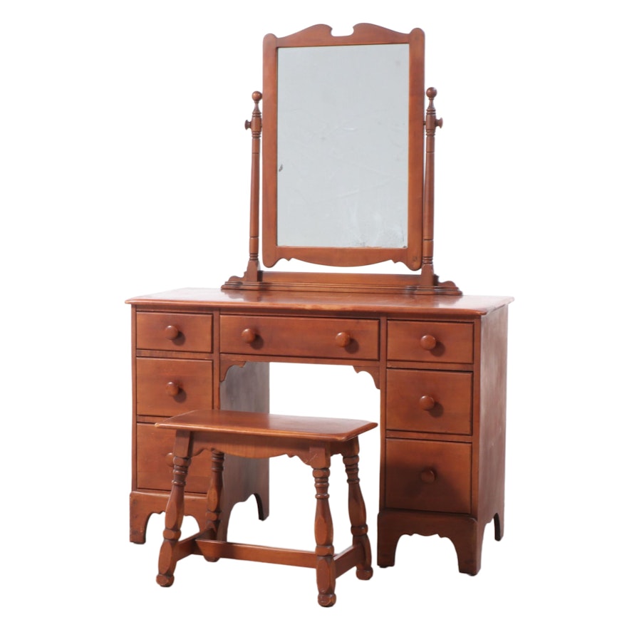 American Colonial Style Maple Vanity Table with Mirror and Seat