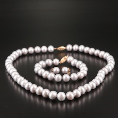 14K Cultured Pearl Necklace, Bracelet, and Stud Earrings