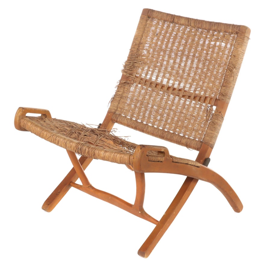 Folding Teak and Sisal Lounge Chair, after Hans Wegner