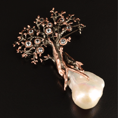 Sterling Pearl and Topaz "Tree of Life" Brooch