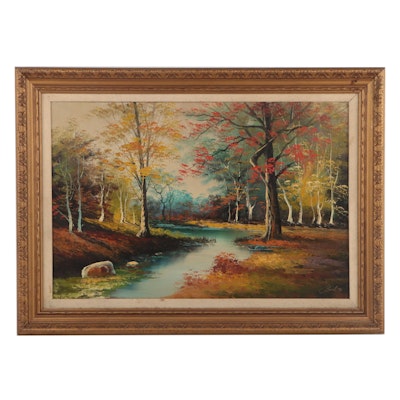 Idyllic Forest Interior With Pond Oil Painting, 1971