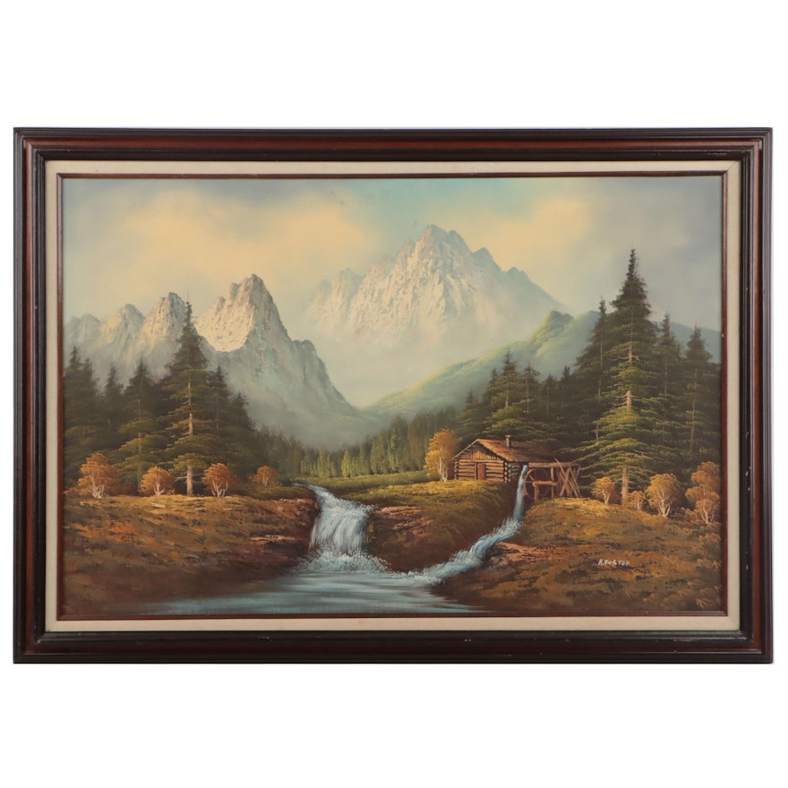 A. Foster Landscape Oil Painting of Mountains and Log Cabin