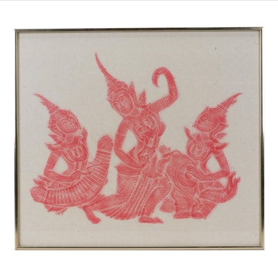Thai Temple Rubbing of Female Figure Dancing to Music