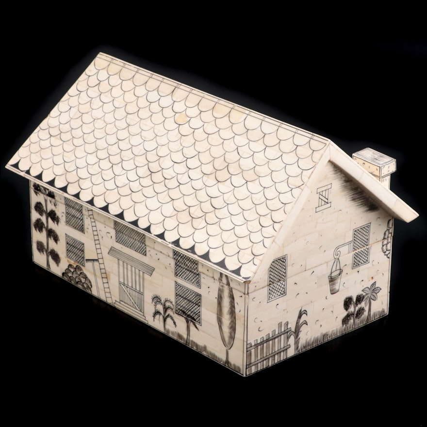 Hand-Painted Mosaic Bone Cottage Form Box