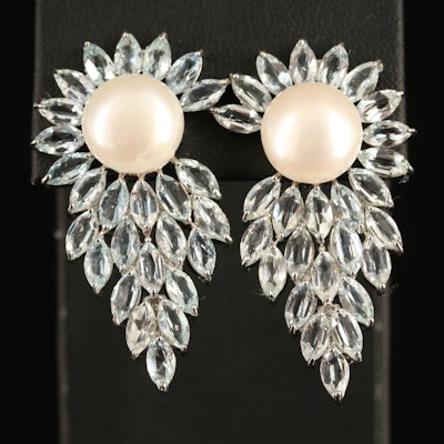 Sterling Pearl and Aquamarine Earrings