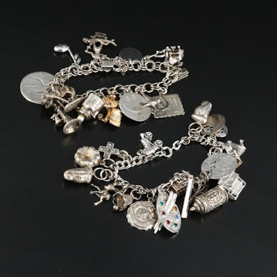 Vintage Silver Charm Bracelet Including Diamond, Rhinestone and Marcasite