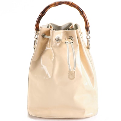 Gucci Bamboo Top Handle Drawstring Bucket Bag in Cream Patent Leather with Strap