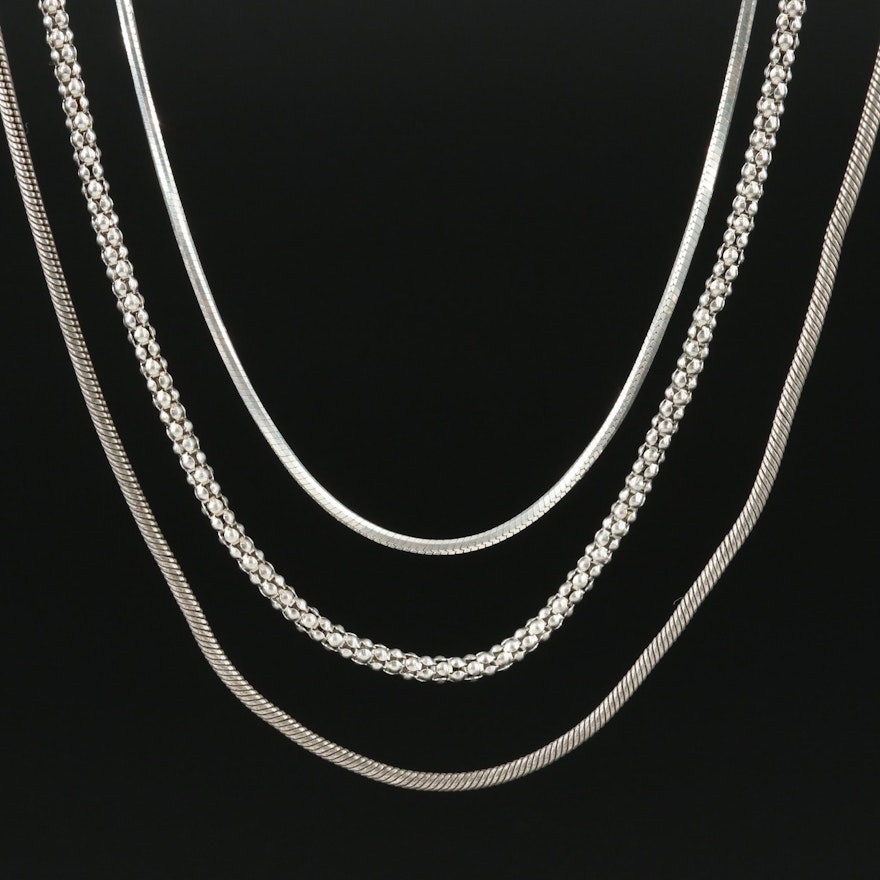 Sterling Chains Including Italian, Snake and Popcorn