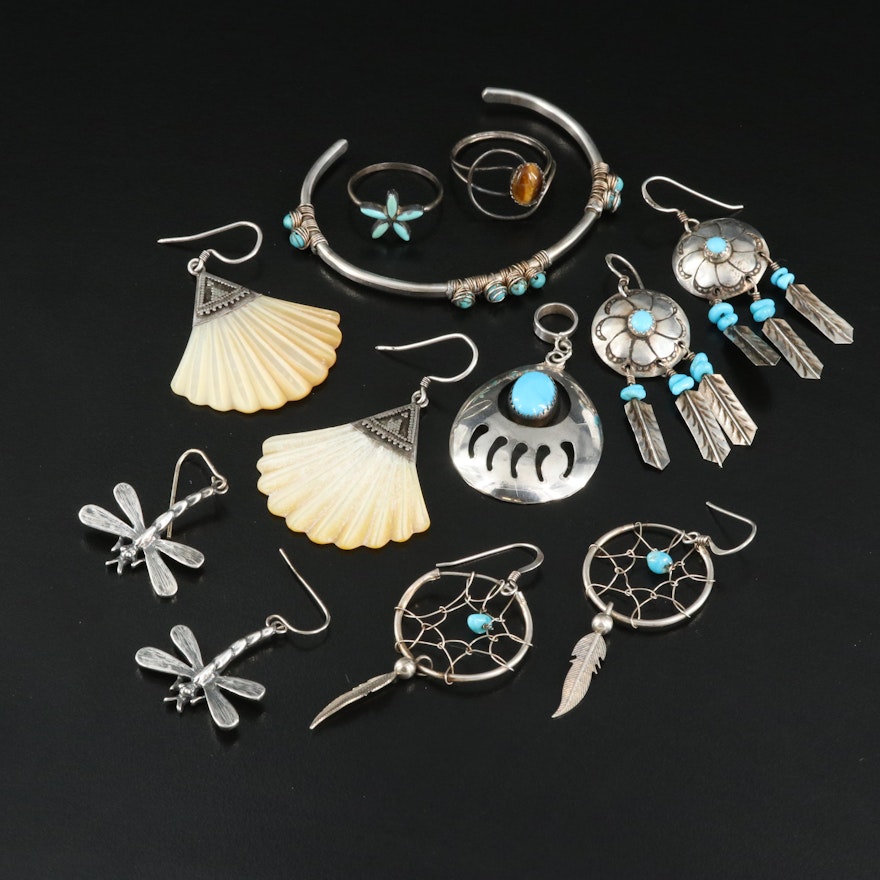 Sterling Grouping Including Mother-of-Pearl, Turquoise and Tiger's Eye