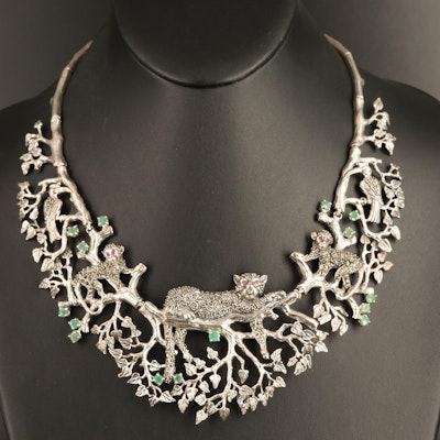 Sterling Emerald, Ruby and Marcasite Jungle Animal Bib Necklace
