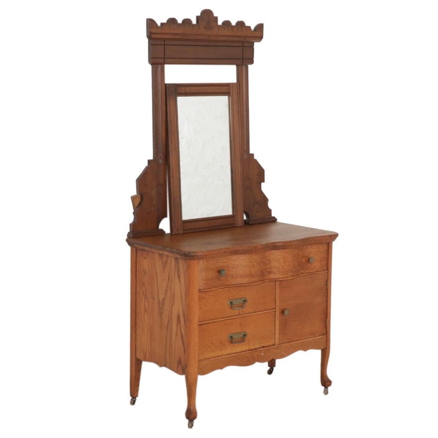 Late Victorian Oak Washstand with Victorian Walnut Dresser Mirror