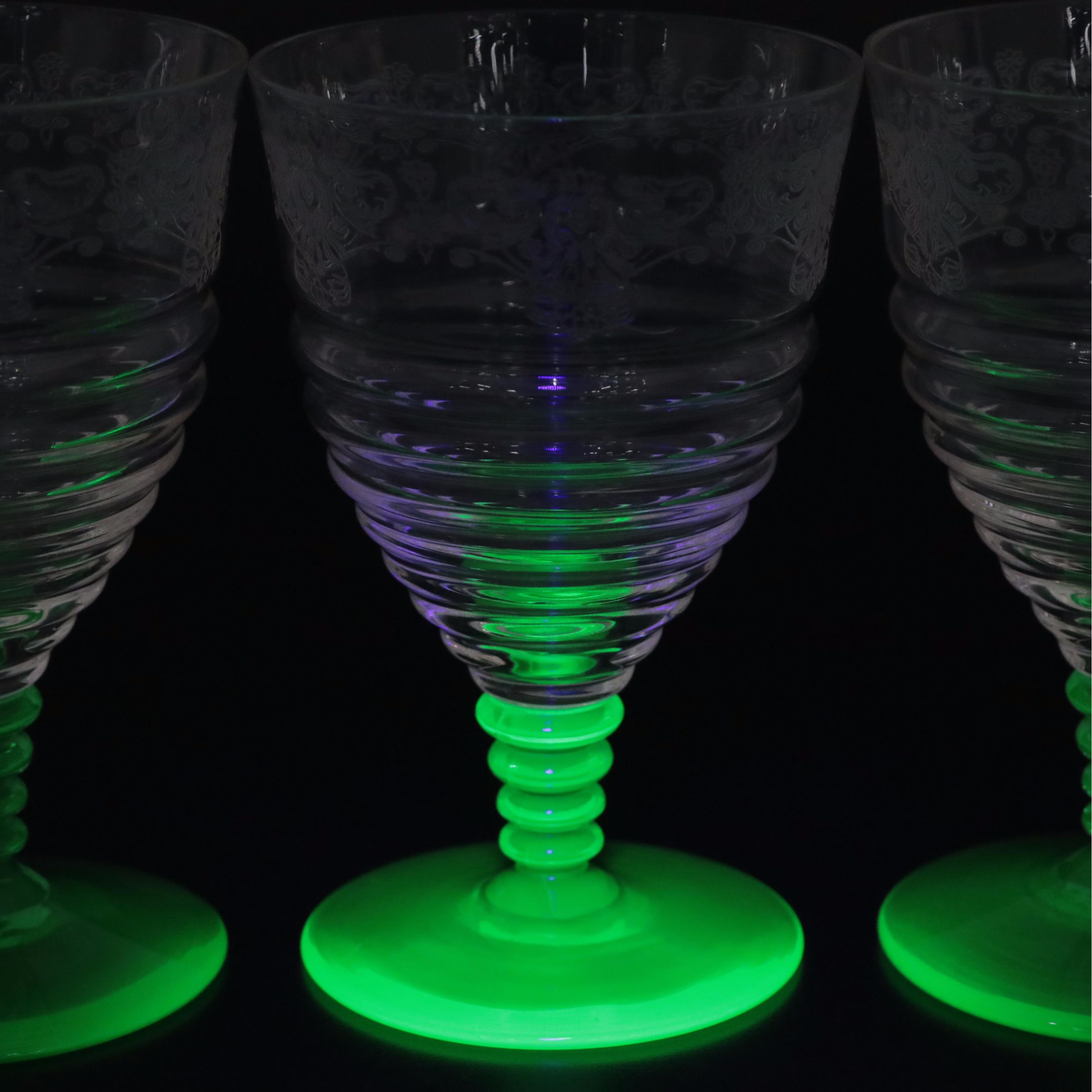Bryce Uranium Glass Stem Water Goblets with Heisey Water Goblets EBTH