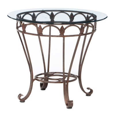 Foliate-Decorated and Bronze-Patinated Iron Side Table with Glass Top