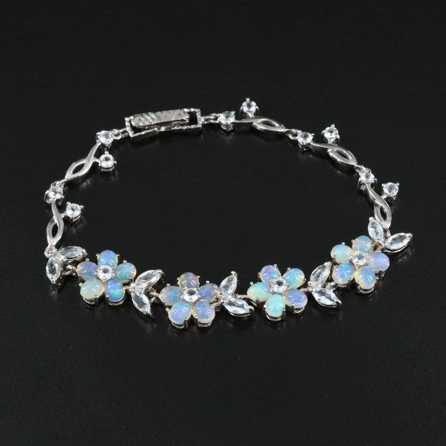 Sterling Aquamarine and Opal Floral Bracelet