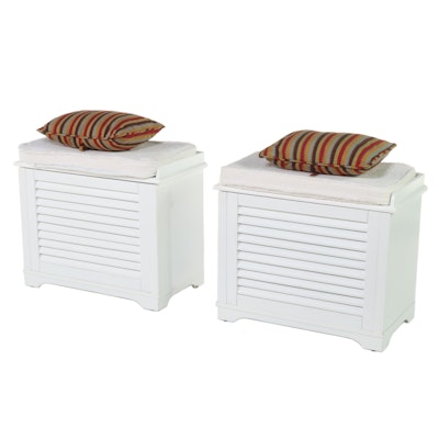 Pair of White-Painted Louvered Front Trunks with Cushion Tops