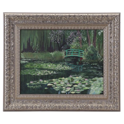 Sandy Bell Acrylic Painting of Water Lilies in Pond, 21st Century