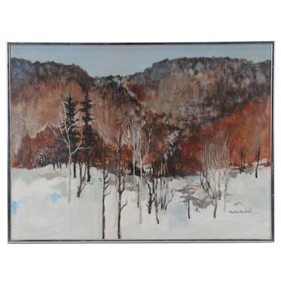Marian Malacki Oil Painting of Mountainside Forest in Winter, Circa 1970