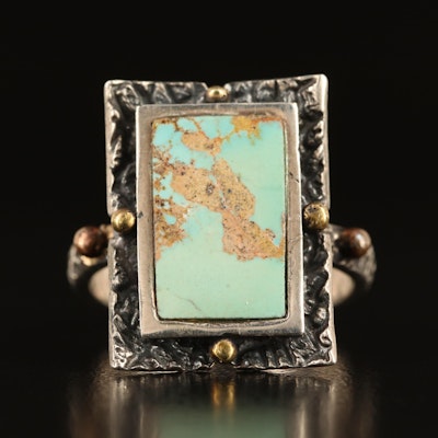 Sterling Turquoise Rectangular Ring with Bead Detailing