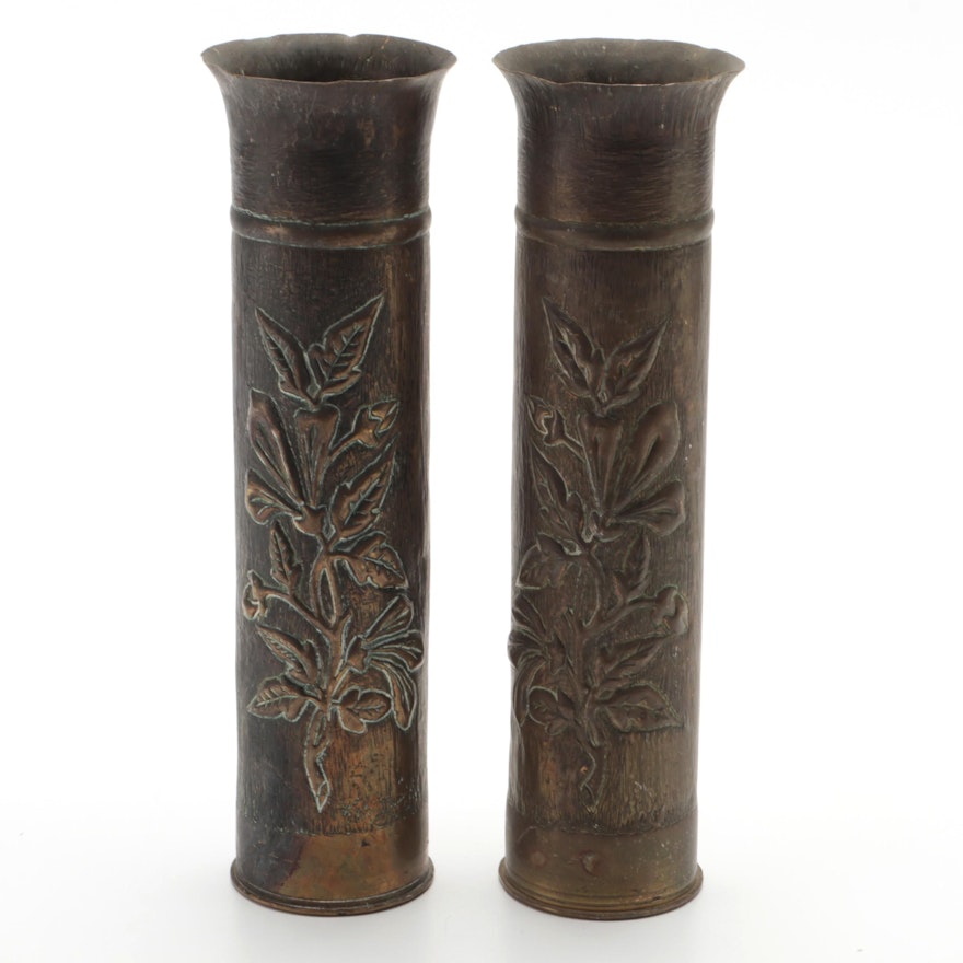 WWI Trench Art Brass Remington UMC 75mm Case Vases, Early 20th Century