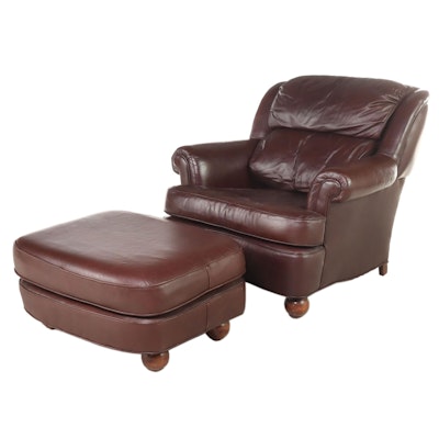 Leather Upholstered Easy Armchair and Ottoman