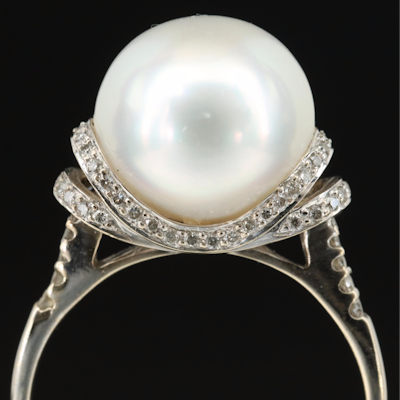Vintage 18K 11.75 mm Pearl and Diamond Ring