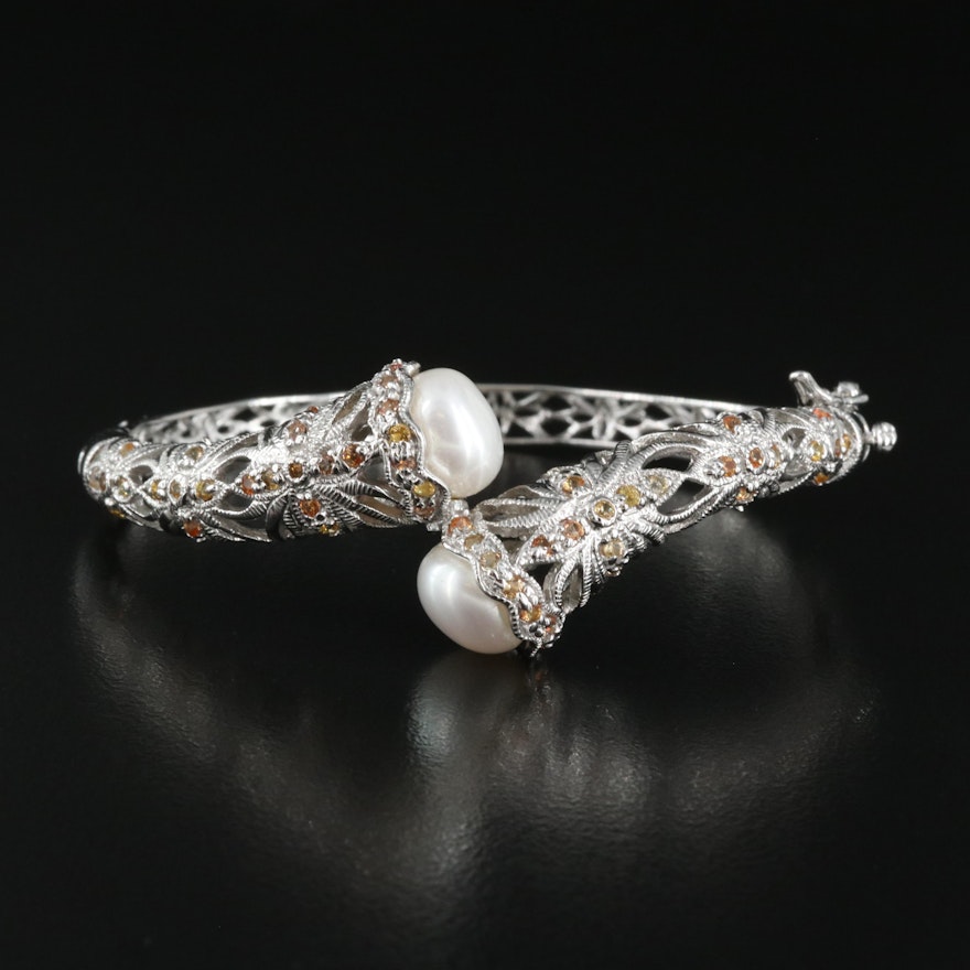 Sterling Pearl and Sapphire Bypass Hinged Bangle