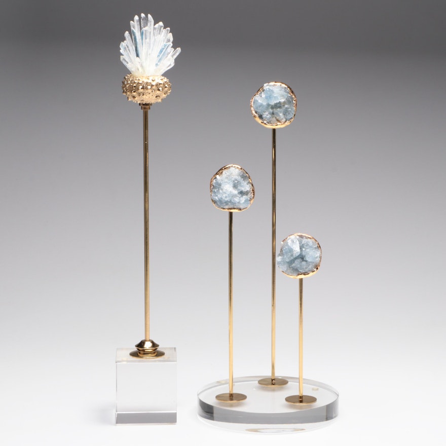 Geode Specimen Sculptures with Contemporary Acrylic and Brass Mounts