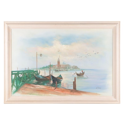 Oil Painting of Boats in Harbor Scene