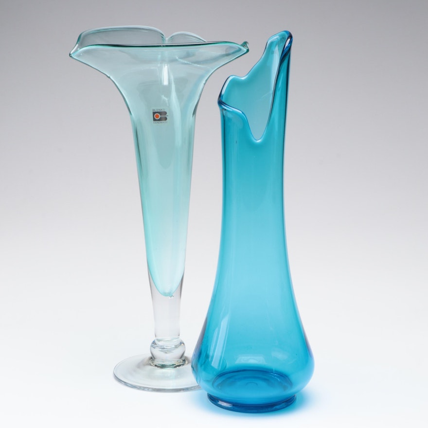 Blenko Trumpet Vase with Mold Blown Glass Swung Vase