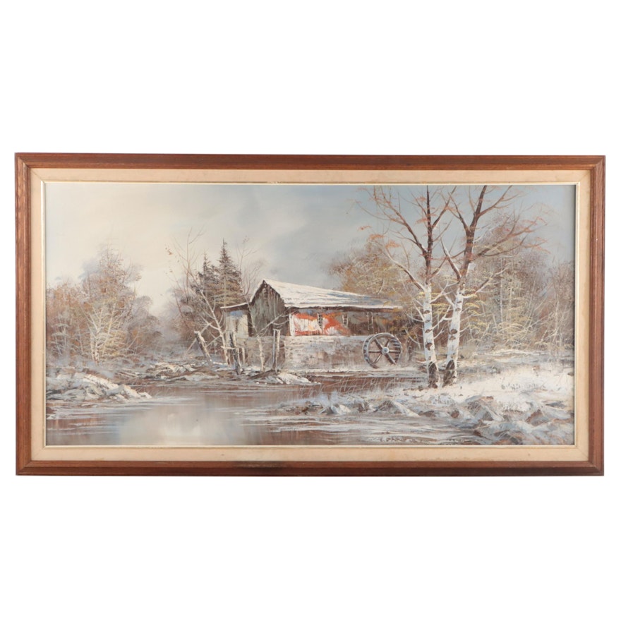 Oil Painting of Winter River Landscape
