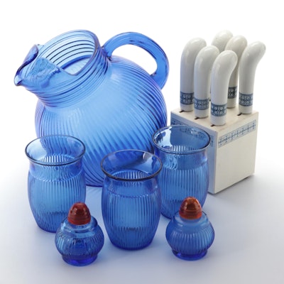 Hazel Atlas Blue Glass Ribbed Pitcher and Tableware with Ceramic Handled Knives