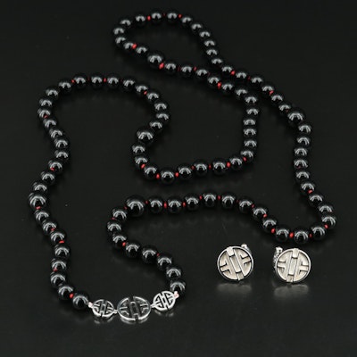 Gump's Sterling Black Onyx Longevity Necklace and Earring Set