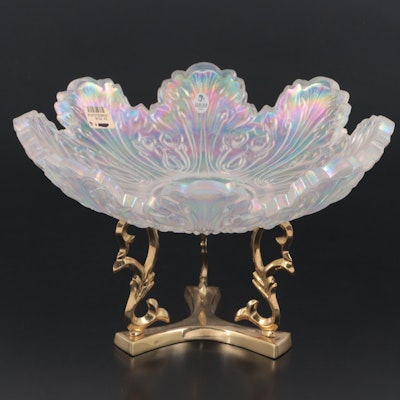 Fenton "Lifestyles" Iridescent Art Glass Leaf-Shaped Bowl with Brass Stand