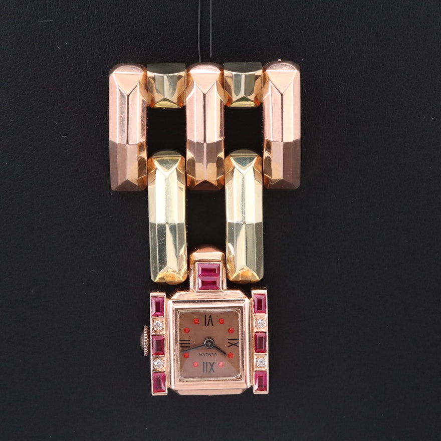 14K Two-Tone Gold Geneve Diamond and Ruby Swiss Watch Brooch