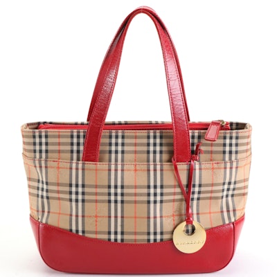 Burberry Tote in Haymarket Check Canvas and Red Cross Grain Textured Leather