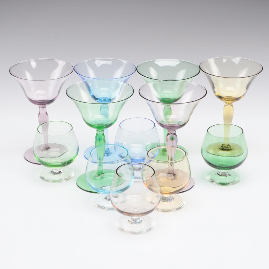 Multicolor Flared Lip Coupes and Brandy Snifters, Mid to Late 20th Century