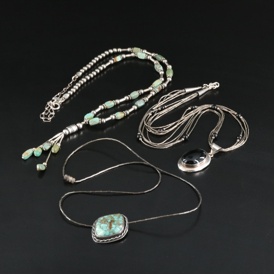 Liquid Silver Necklaces Including Turquoise and Black Onyx
