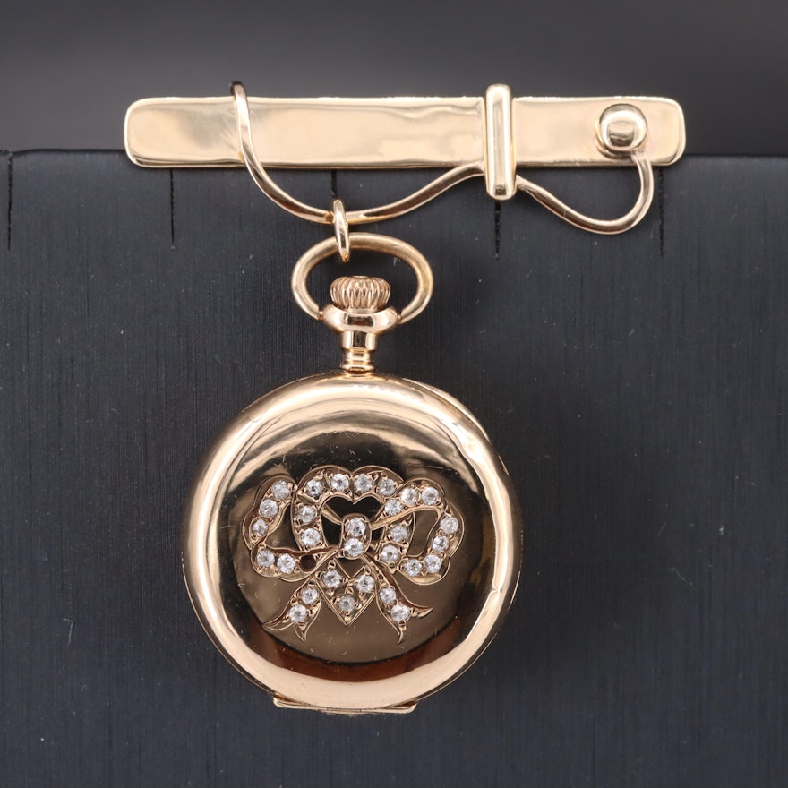 14K Waltham Diamond Pocket Watch Pin Conversion Timepiece