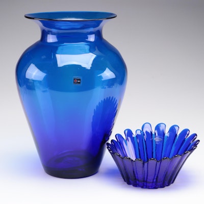 Blenko Cobalt Blue Glass Vase and Scalloped Centerpiece Bowl