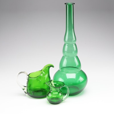 Mid Century Modern Green Blown Glass Vase with Pitchers