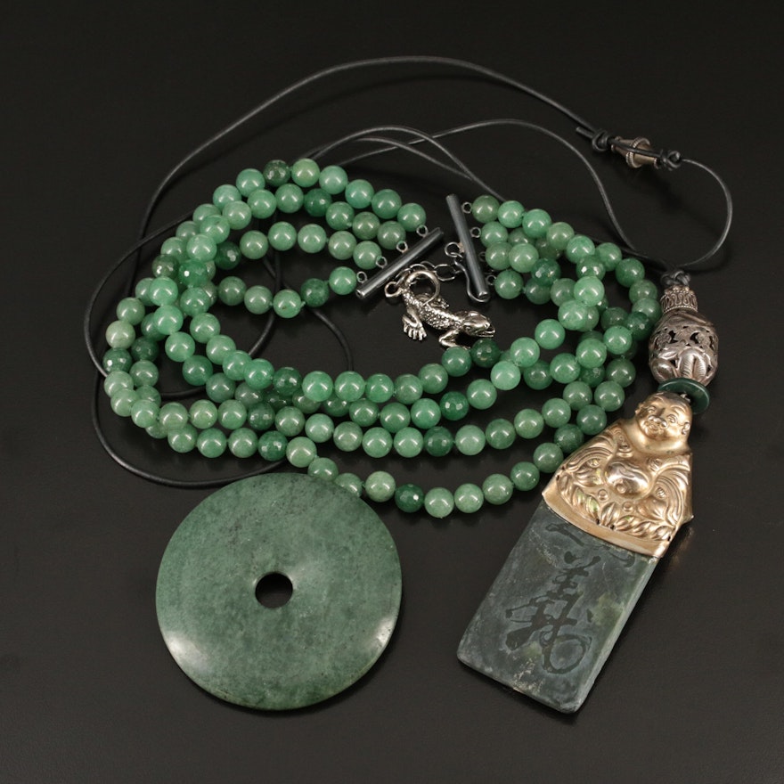 Buddha Finger Puppet on a Serpentine Tablet and Aventurine Bi Disc Necklaces