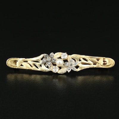 Art Nouveau Style 14K Pearl and Diamond Brooch