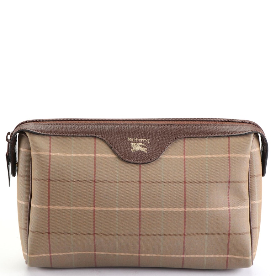 Burberrys Clutch Pouch in Plaid Canvas with Saffiano Leather Trim