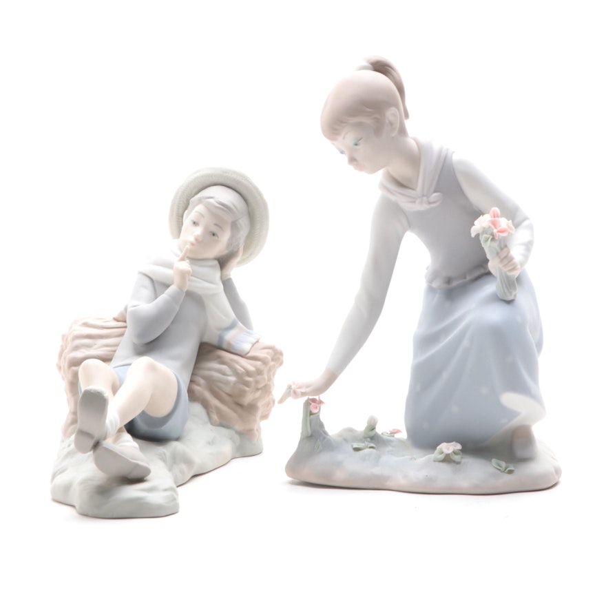 Lladró "Picking Flowers" and "Shepherd with Bird" Bisque Porcelain Figurines